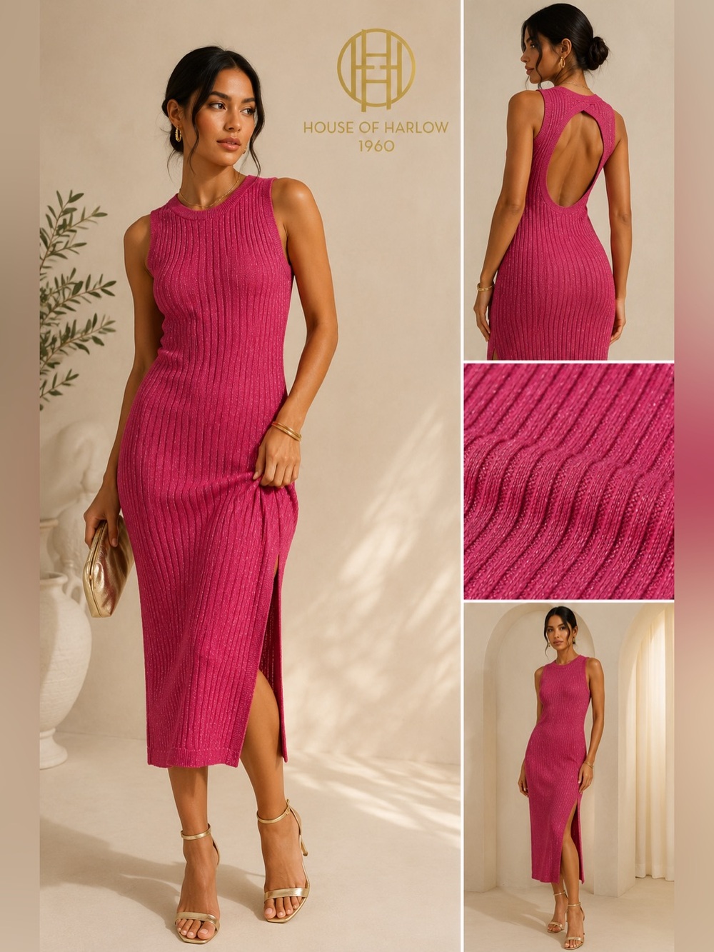 House of Harlow 1960 Pink Ribbed Knit Midi Dress L Open Back Metallic Shimmer